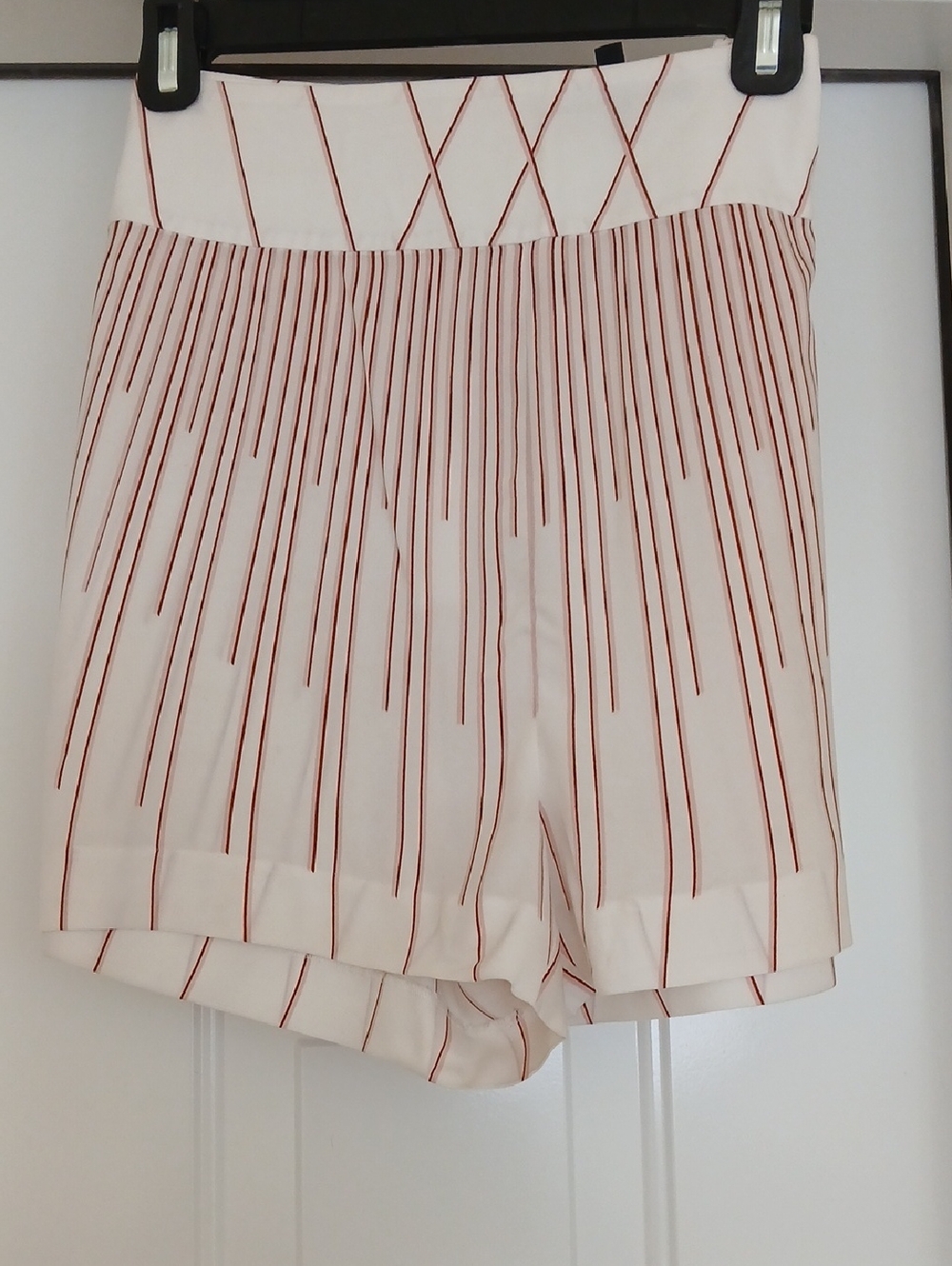 BCBGMaxAzria Cream High-Waist Shorts with Red Pinstripe Detail